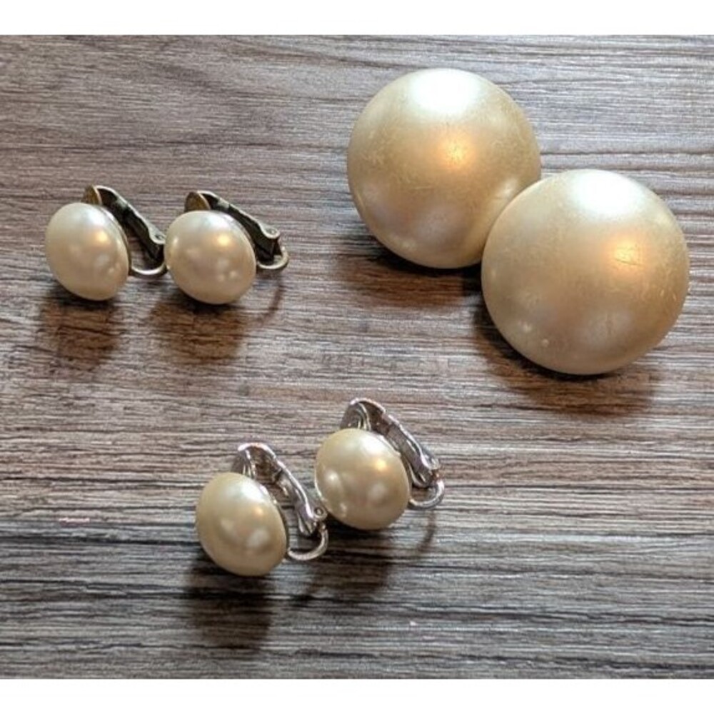Lot Of 3 Sets Of Vintage Faux Pearl Clip-on Earrings- Silver-Tone